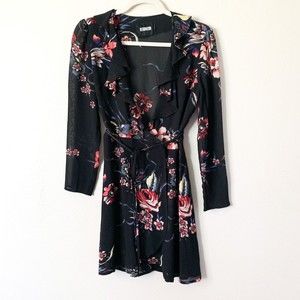 Reformation Dickinson Wrap Mini Dress XS Corsage Black FLoral Print Long Sleeves